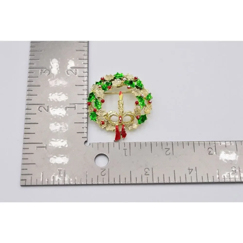 Gerry's Vintage Wreath Pin Brooch Christmas Candle Holiday Signed 1980s 9B